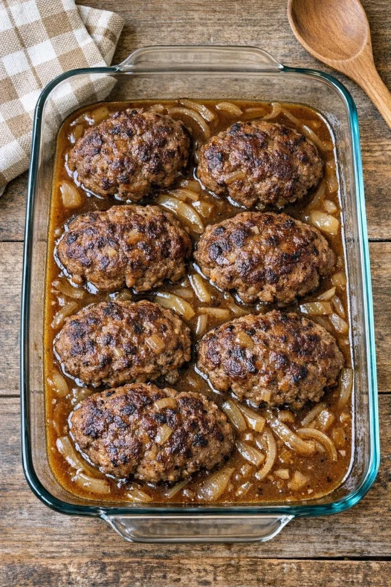 Vintage Salisbury steak bake made with 5 simple ingredients in the oven
