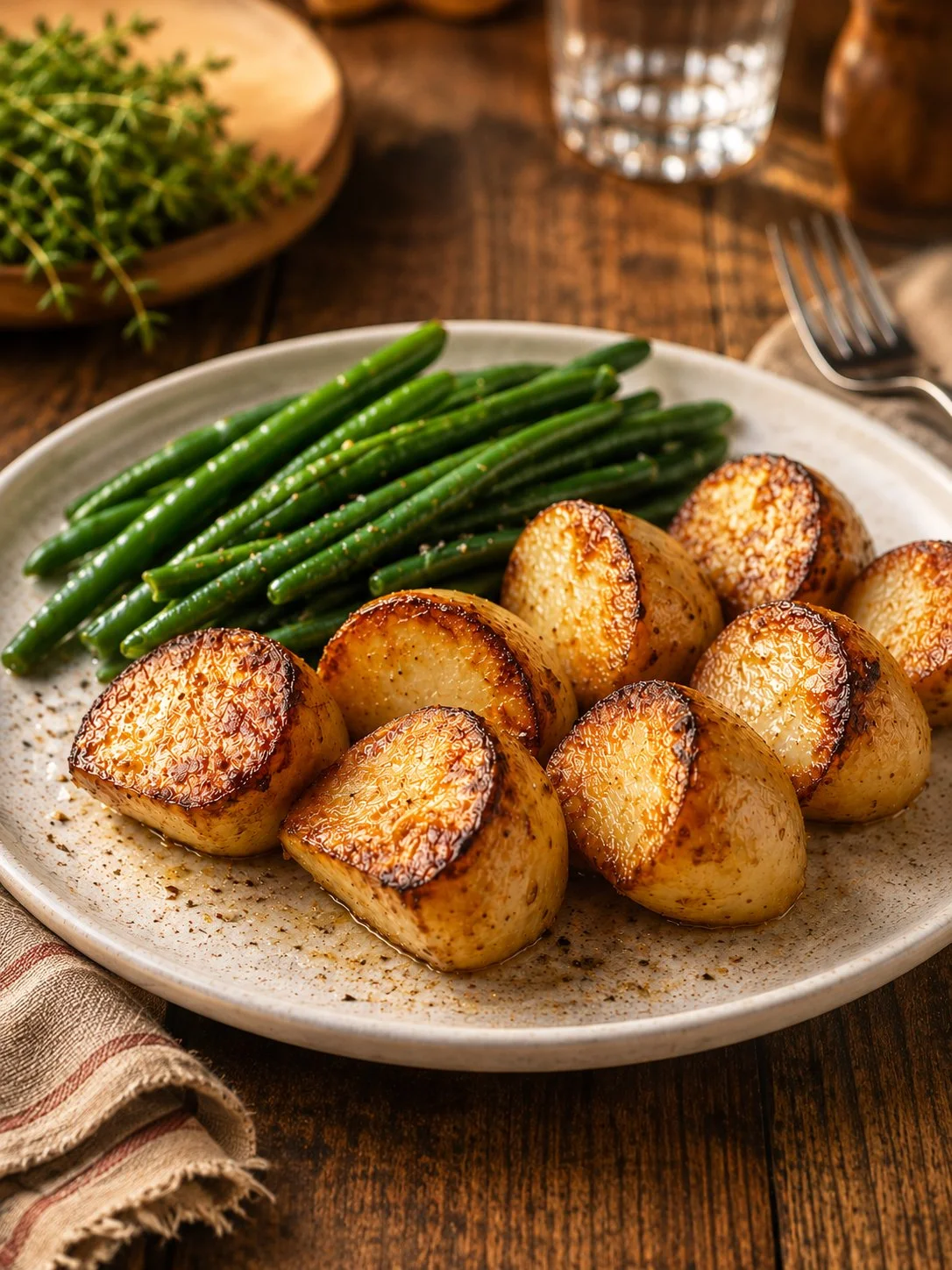 Oven-baked white potato halves seasoned with herbs and served on a plate.