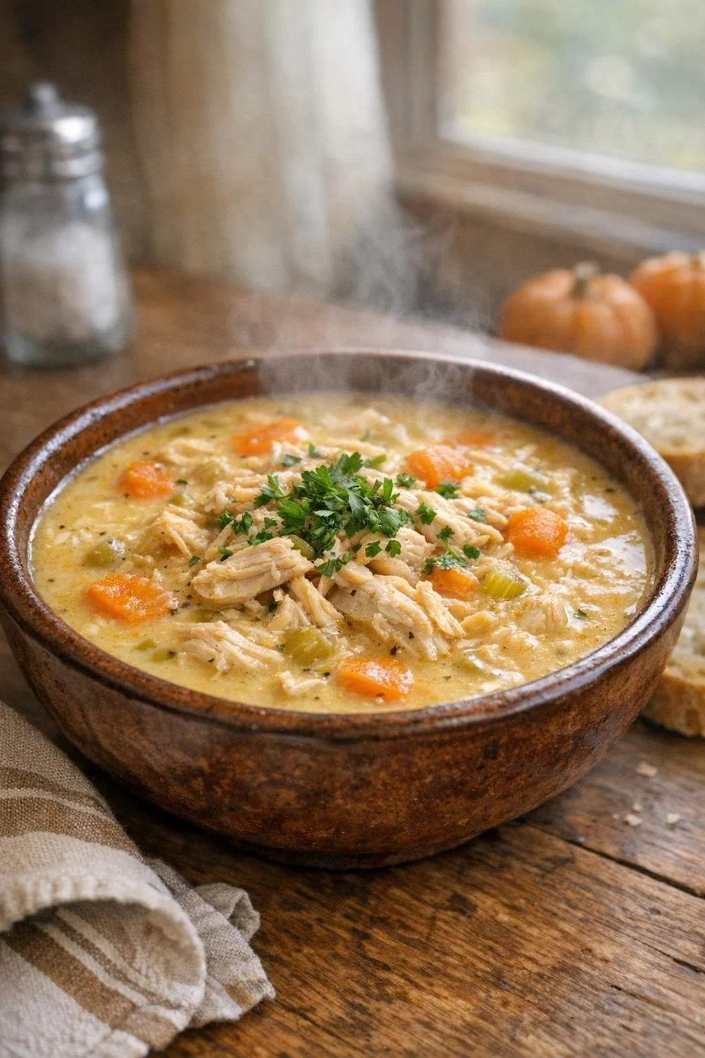 A bowl of 5-ingredient slow cooker autumn harvest chicken soup garnished with herbs.