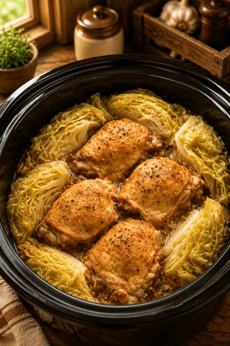 Slow Cooker Buttered Cabbage and Chicken dish served in a bowl