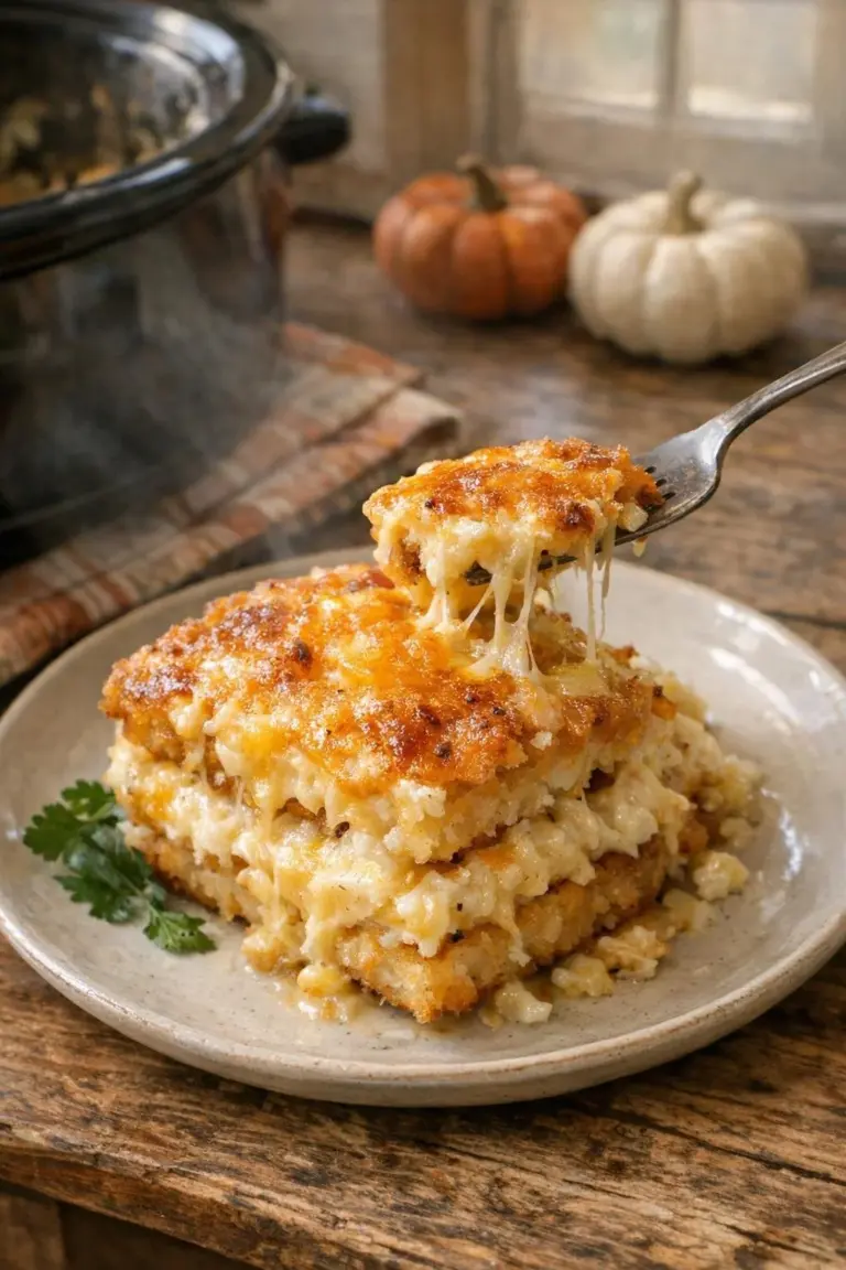 Crispy Golden Colby Jack Hash Brown Casserole in a slow cooker for Columbus Day meal.