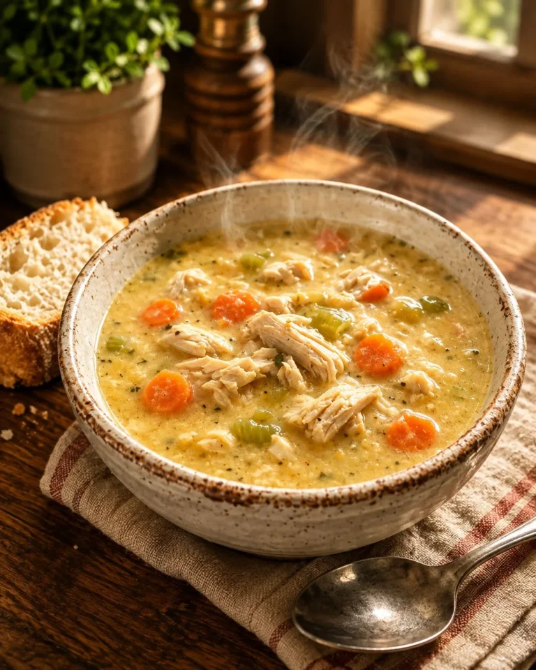 Bowl of 5-Ingredient Slow Cooker Creamy Chicken Soup garnished with herbs