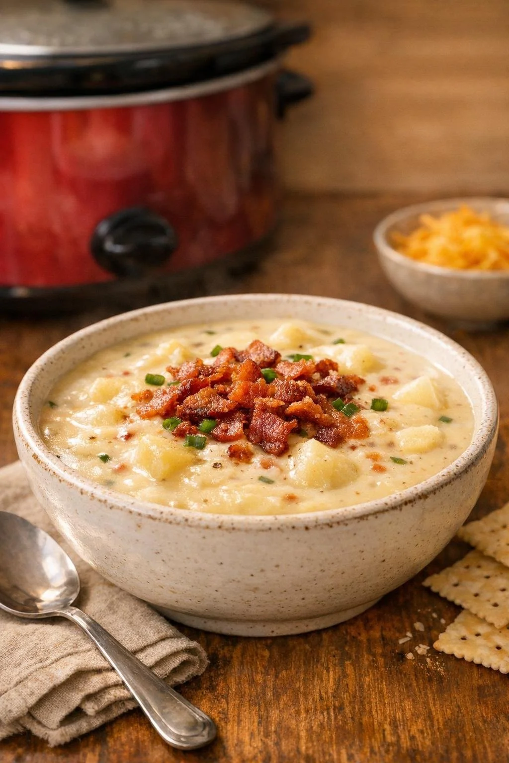 Creamy bacon ranch potato soup in a slow cooker for fall gatherings
