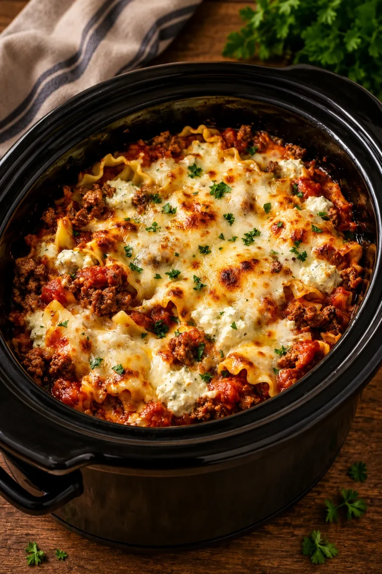 5-ingredient slow cooker lasagna in a dish, ideal for Patriots Day dinner.