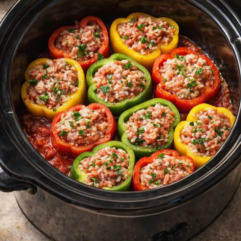5-ingredient slow cooker sausage stuffed peppers served on a plate