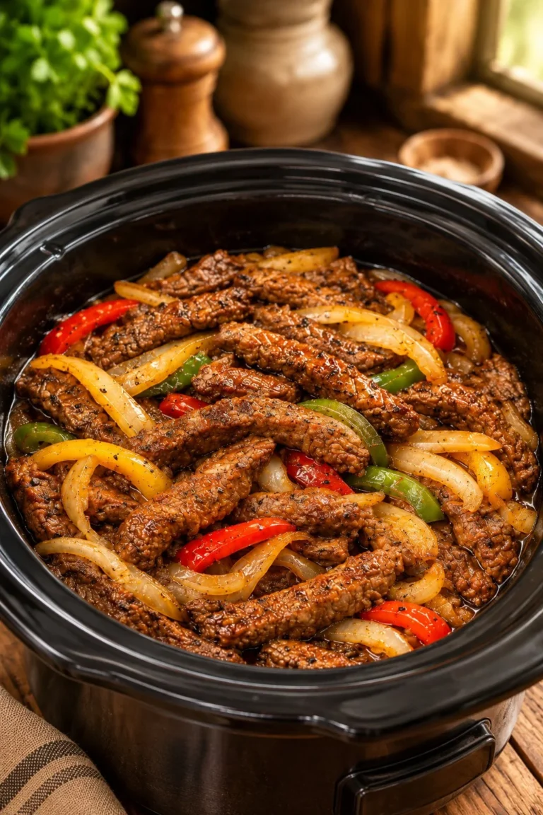 5-Ingredient Slow Cooker Steak Fajitas served on a plate with vibrant vegetables