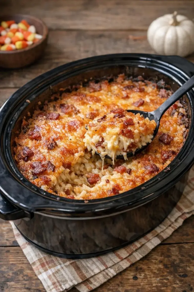 Crispy golden bacon hash brown casserole in a slow cooker for trunk-or-treat night