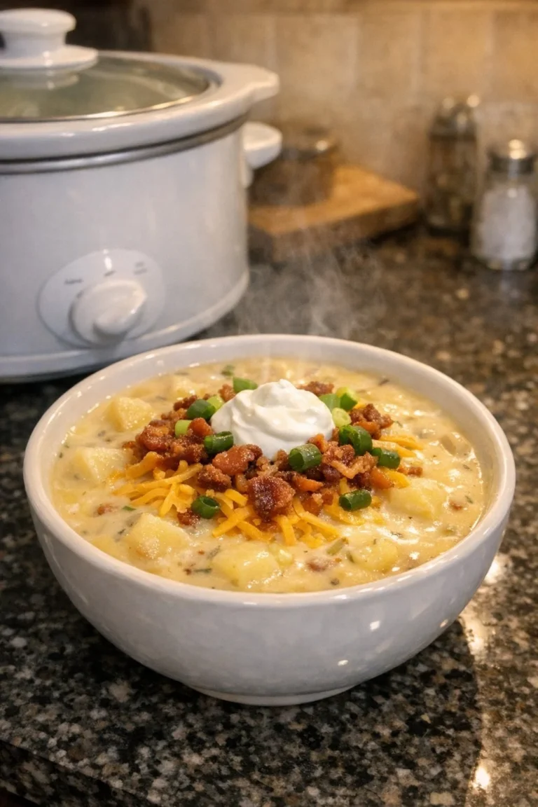 Bowl of creamy loaded potato soup garnished with bacon and chives