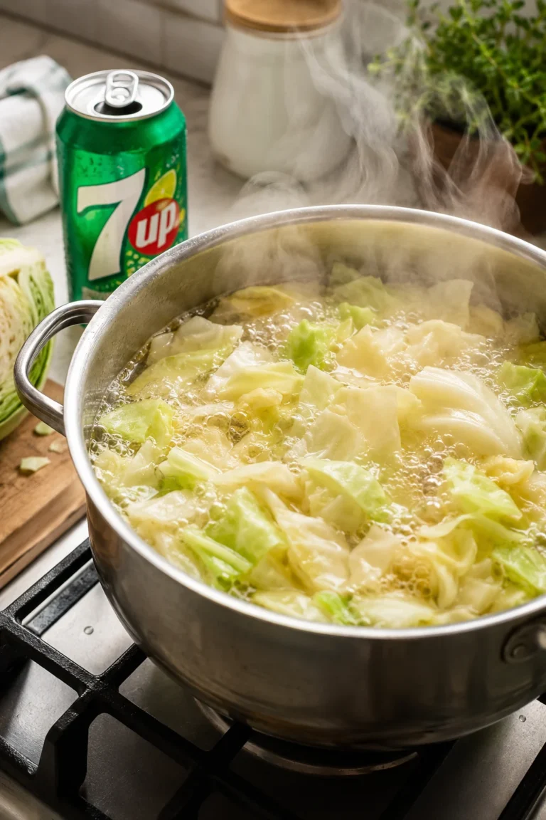 7UP boiled cabbage with butter, onion, black pepper, and crispy bacon in a skillet