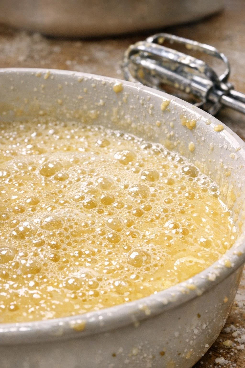 Bubbly yellow cake batter after lemon-lime soda has been added