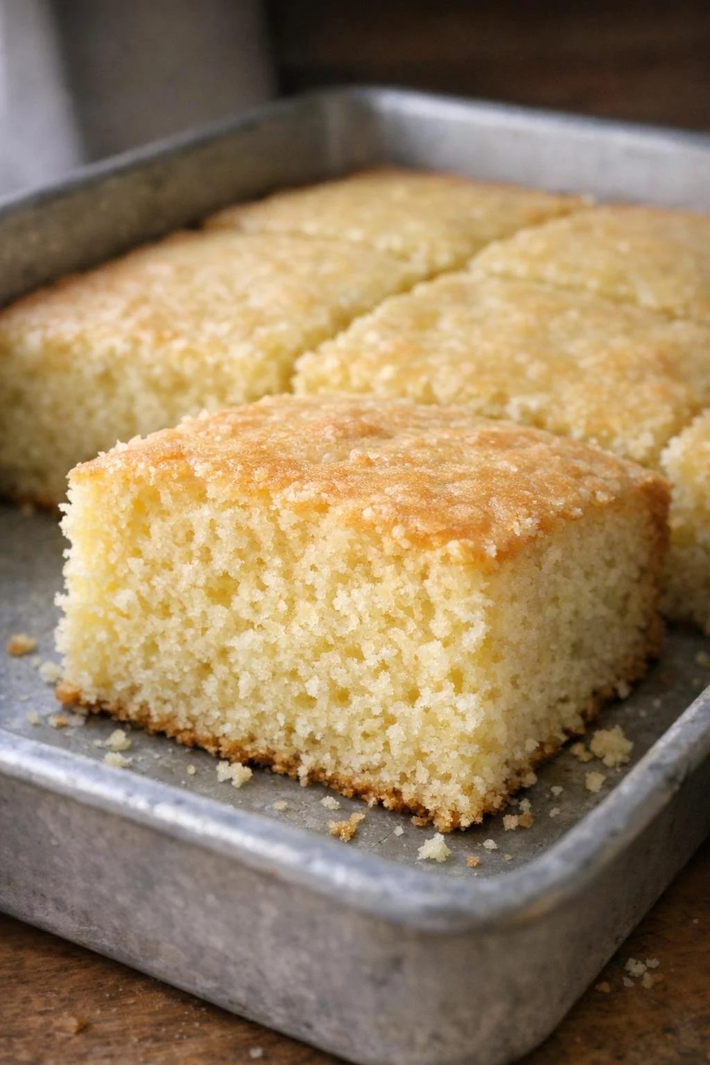 Cut square of yellow cake showing a soft, fine crumb