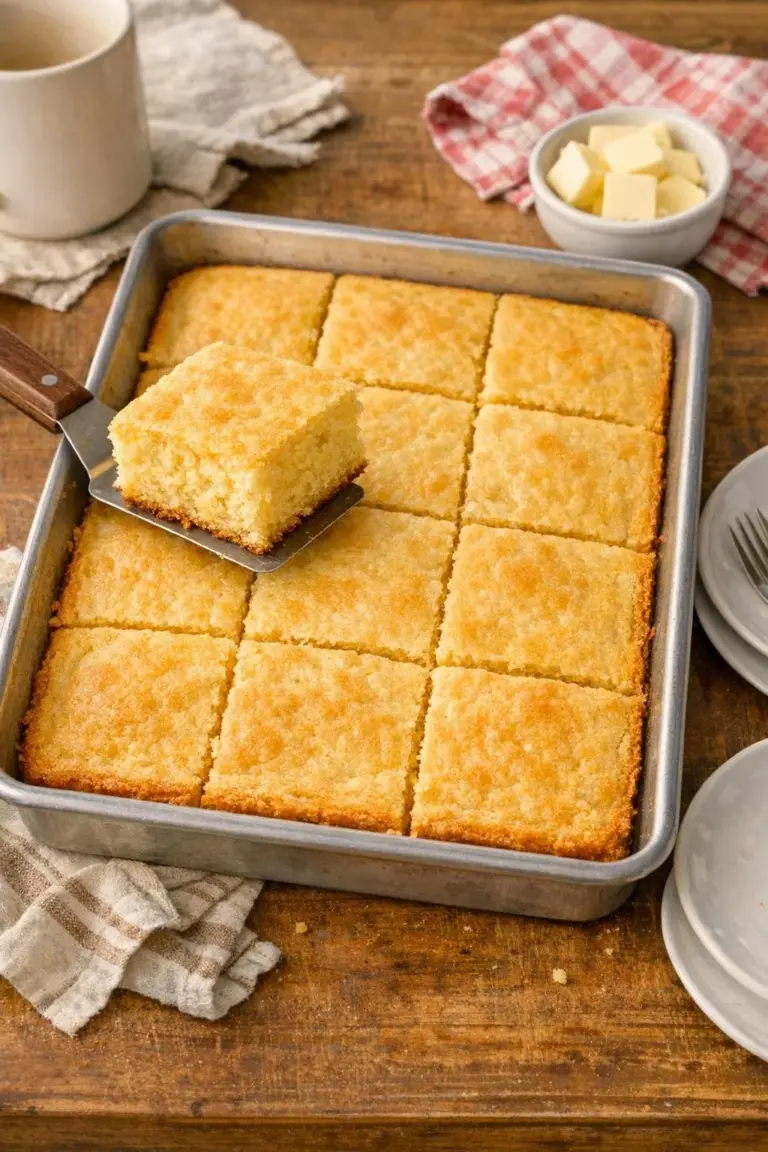 Golden yellow sheet cake cut into squares in a baking pan