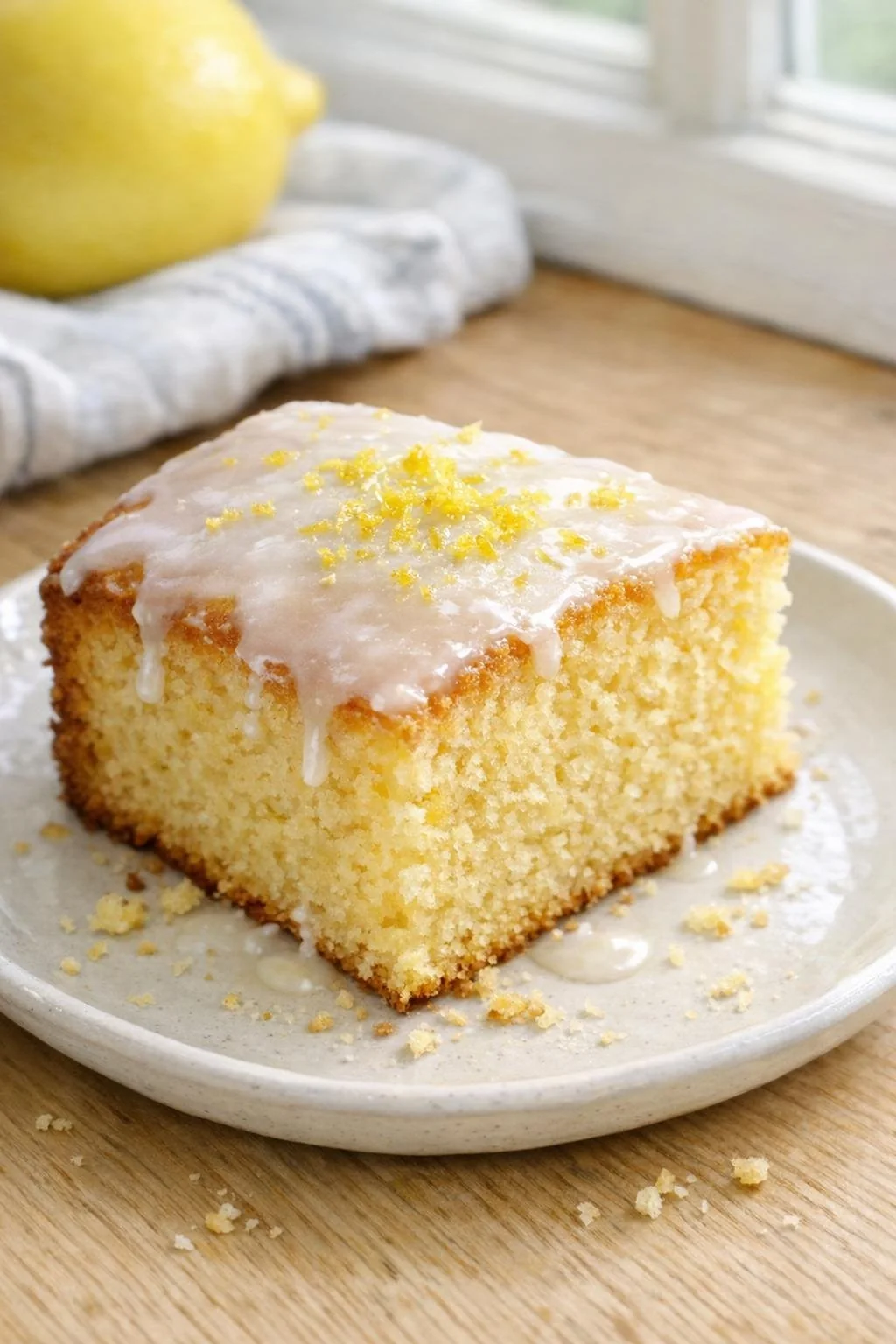 Slice of yellow cake topped with thin lemon glaze and zest