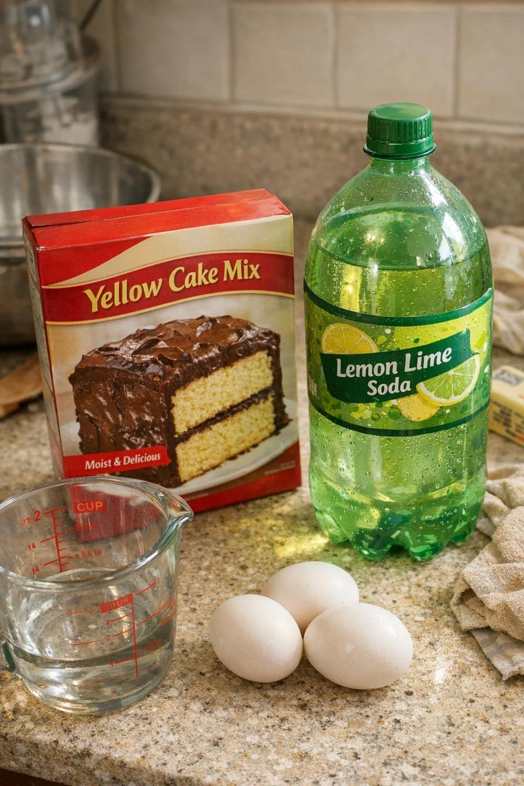 Box of yellow cake mix with lemon-lime soda and eggs on a counter