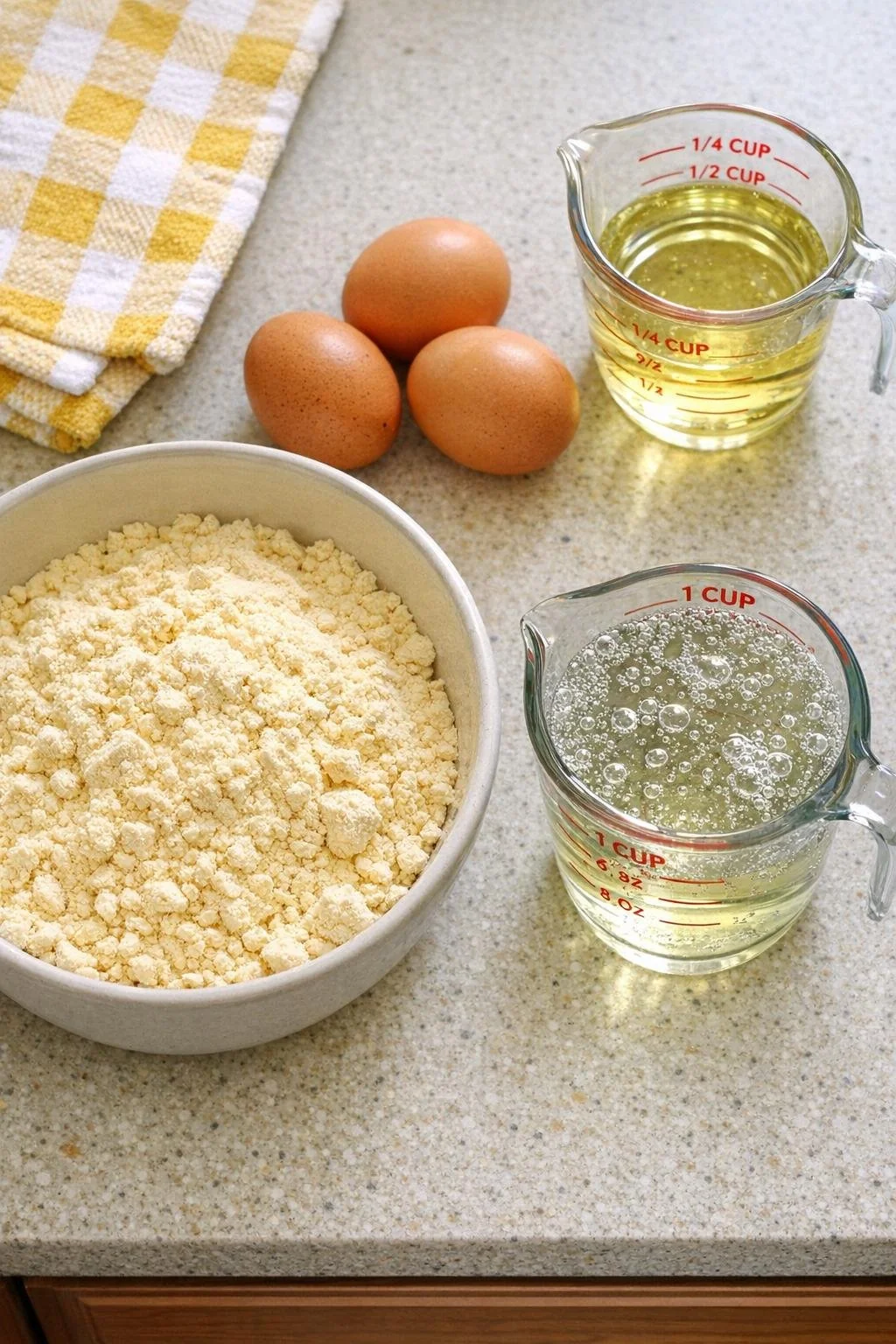 Yellow cake mix, eggs, oil, and measured lemon-lime soda ready for baking
