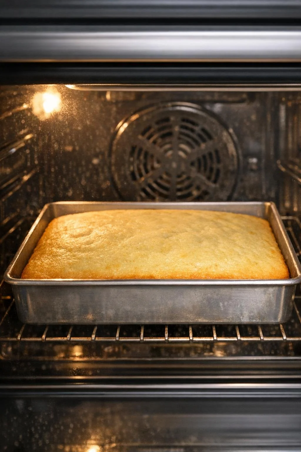 Yellow cake baking and turning golden in the oven