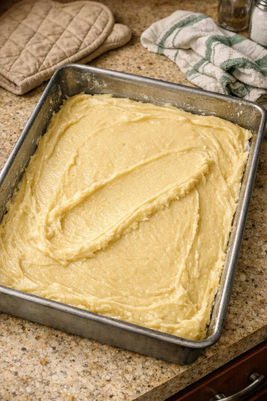 Yellow cake batter spread in a greased metal baking pan