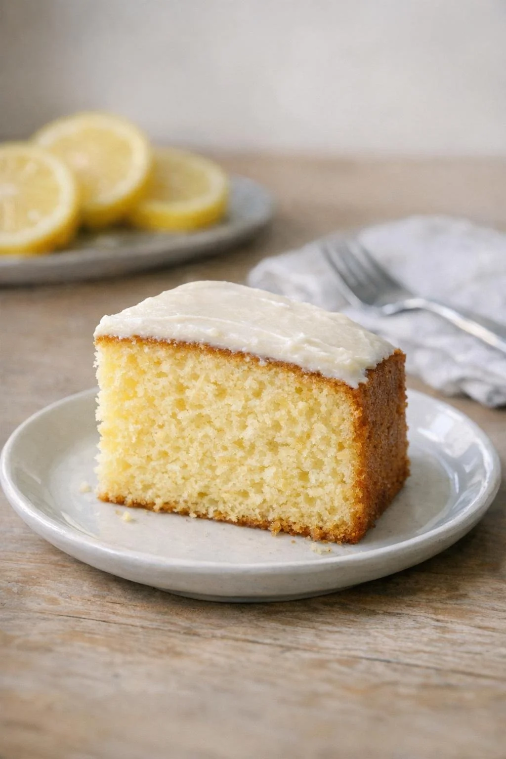 Plain square of yellow cake served on a plate