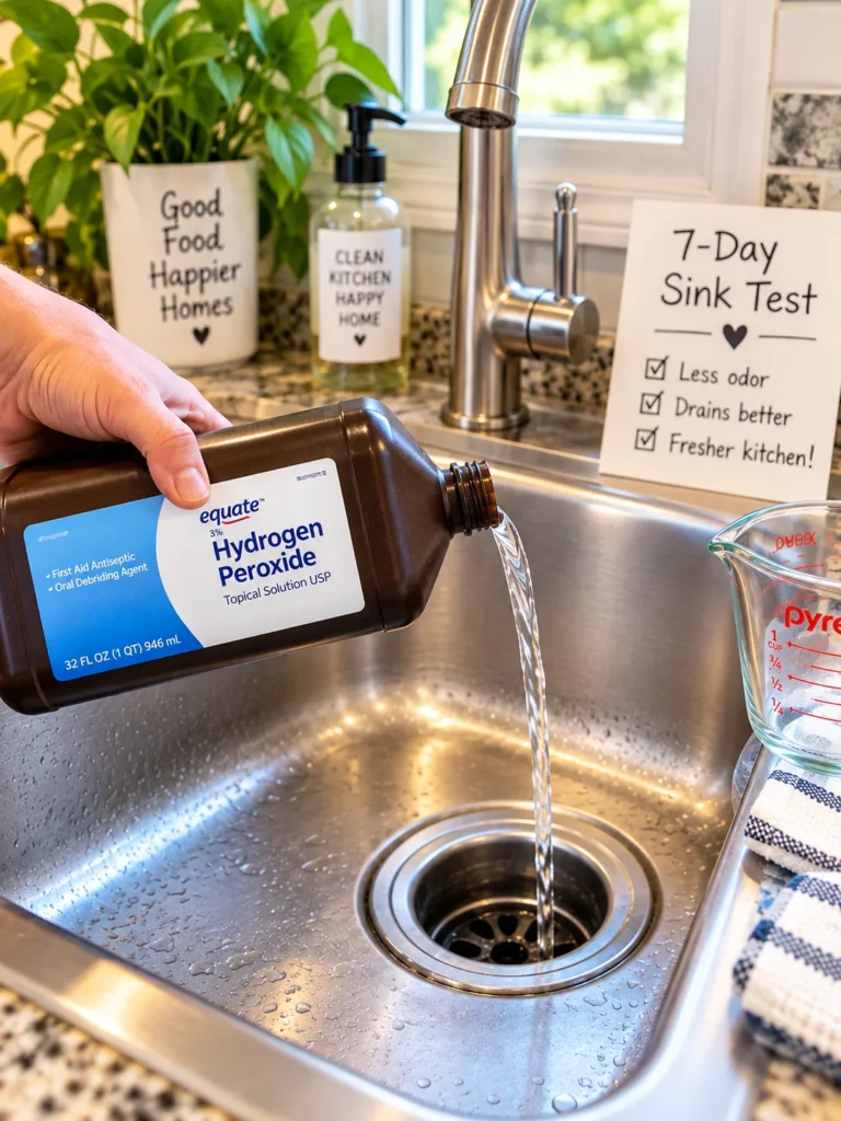 Hydrogen peroxide down kitchen sink drain for a 7-day cleaning test