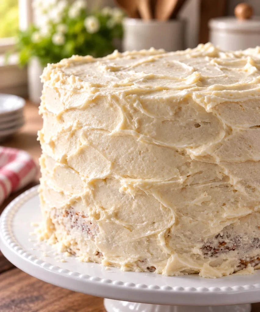 Hair dryer frosting hack on a freshly frosted layer cake