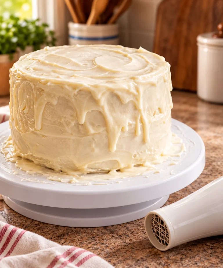 Hair dryer frosting hack on a freshly frosted layer cake