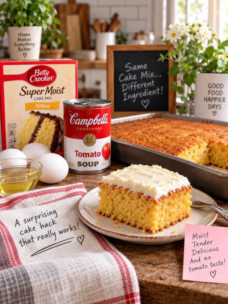 Moist yellow cake made with condensed tomato soup and cake mix, topped with creamy frosting.