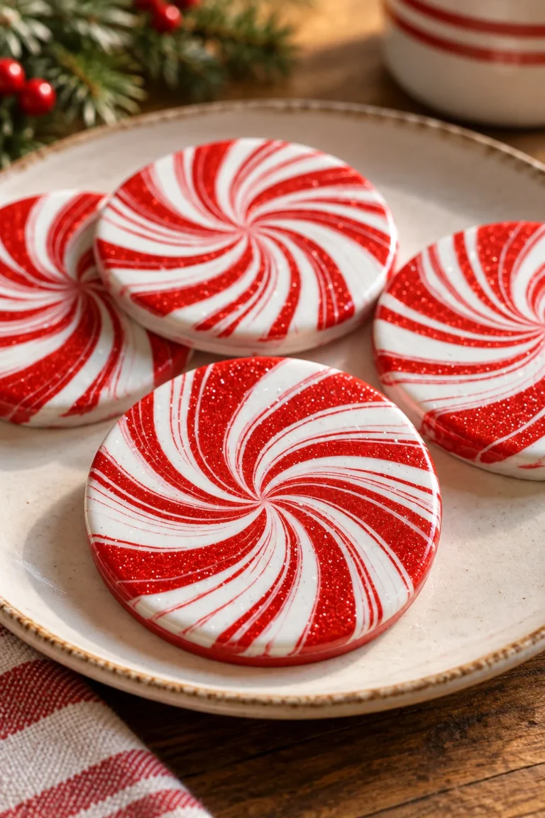 Finished peppermint swirl coasters made from melted red and white crayons.