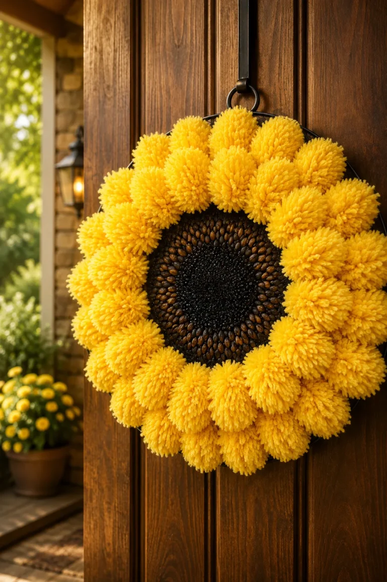 DIY sunflower wreath made with fluffy yellow dusters and a round black metal screen