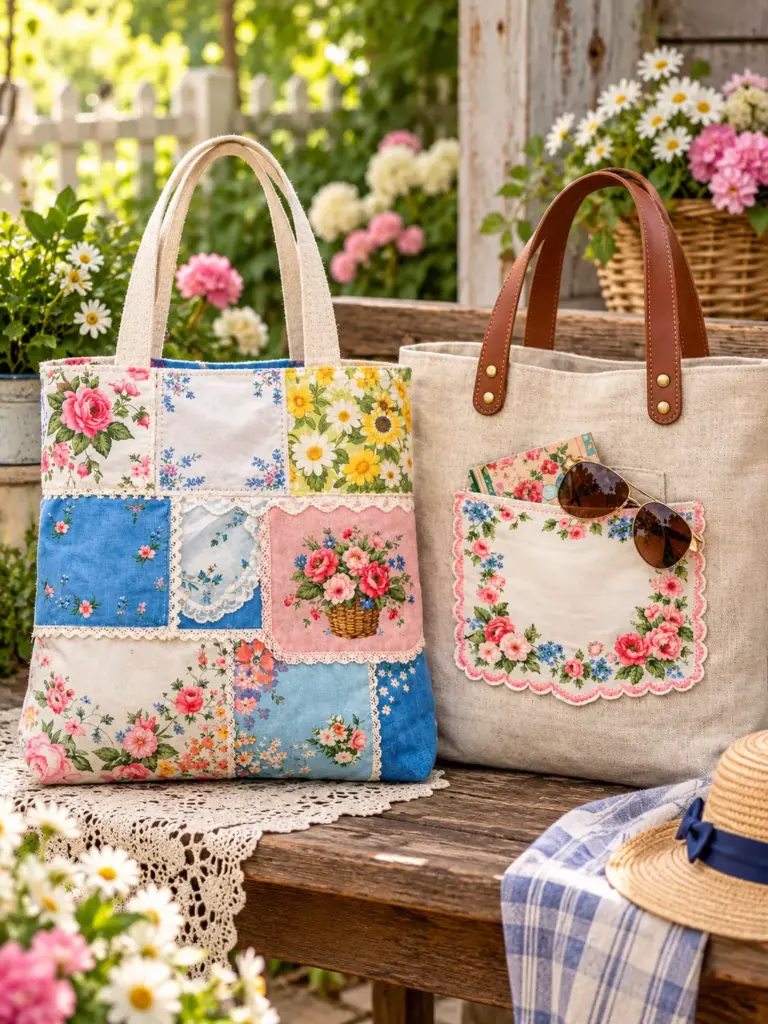 Vintage handkerchiefs sewn into a colorful patchwork throw pillow
