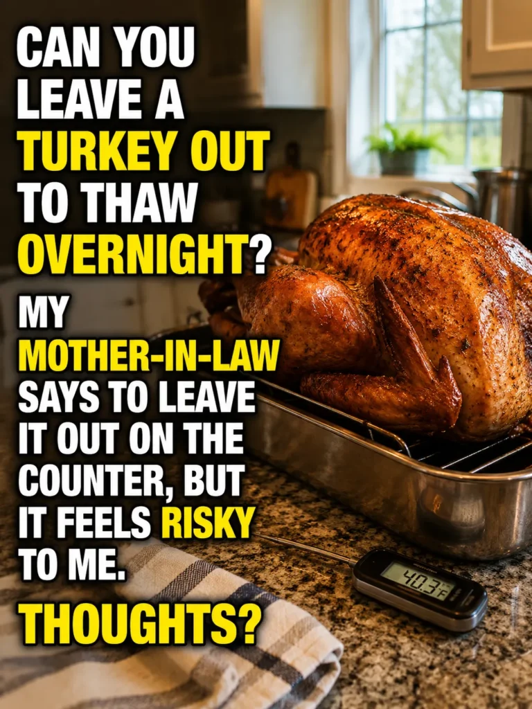 Frozen turkey thawing safely in a refrigerator on a tray