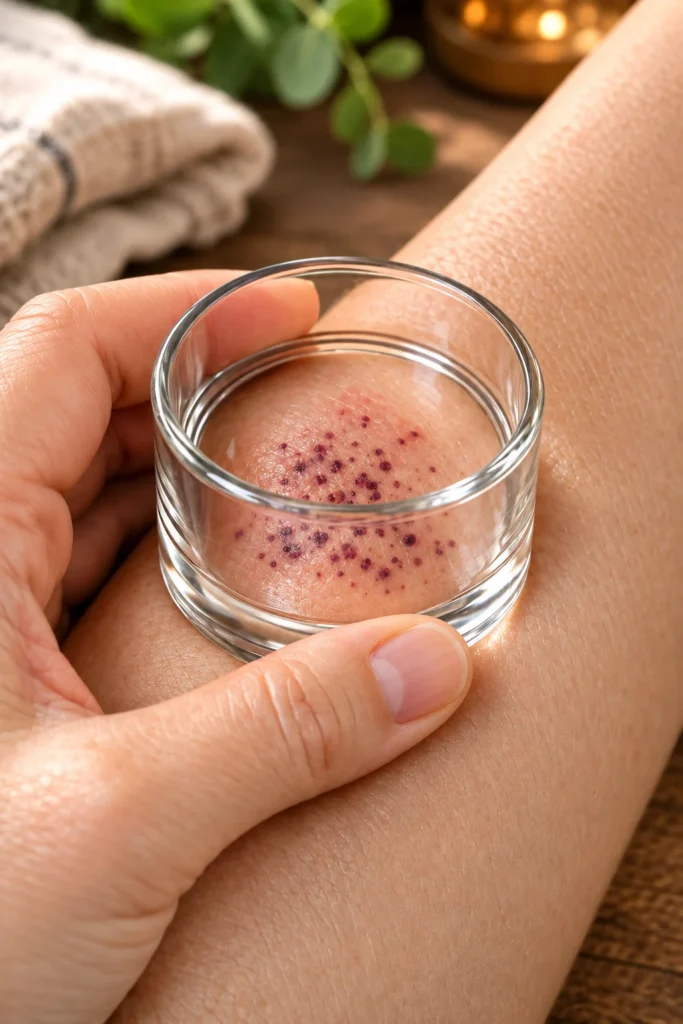 Adult lower legs and ankles showing tiny flat purple spots that may resemble petechiae