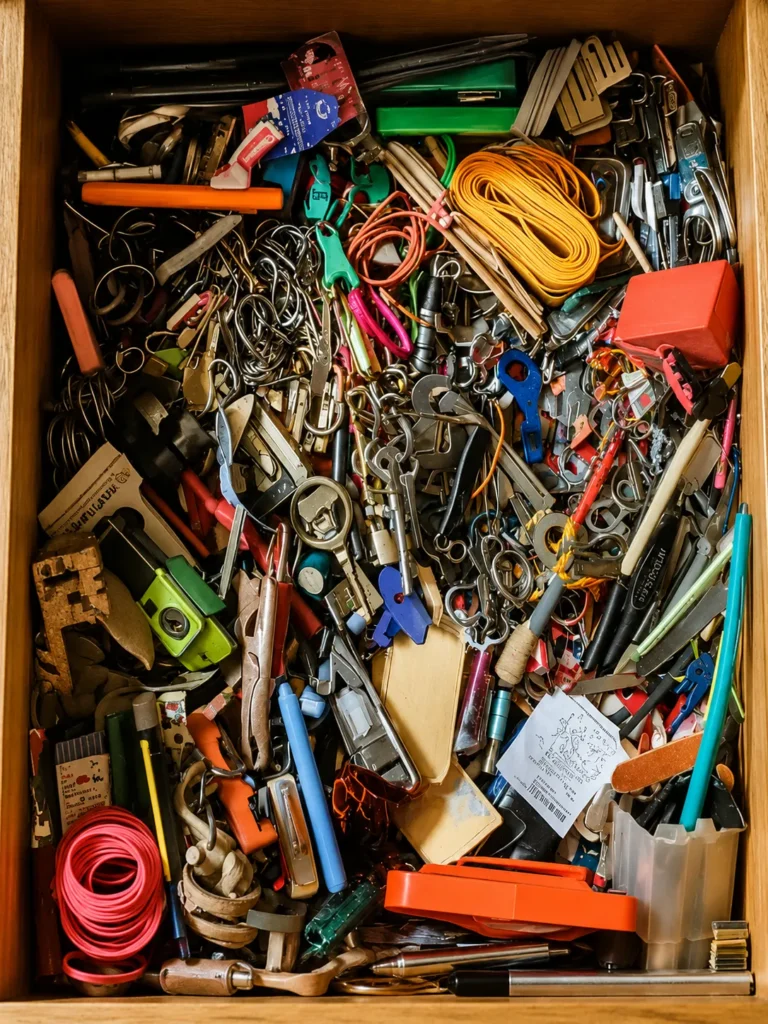 Open kitchen junk drawer filled with batteries, scissors, pens, keys, chargers, and rubber bands