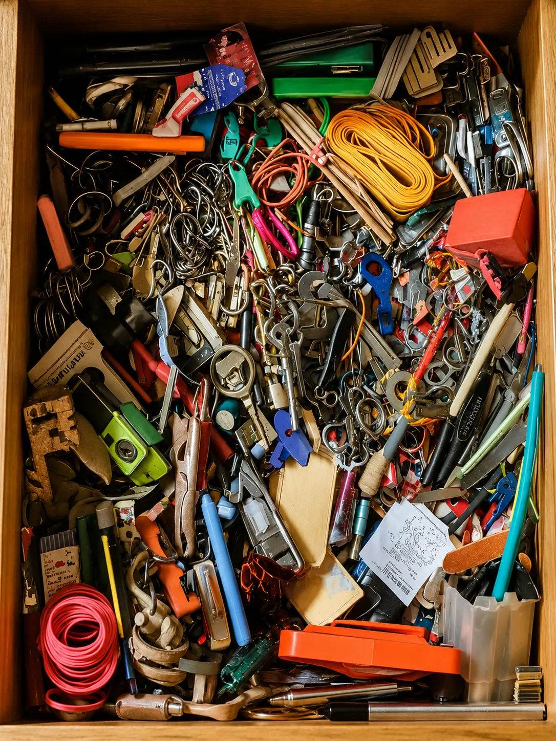 Open kitchen junk drawer filled with batteries, scissors, pens, keys, chargers, and rubber bands
