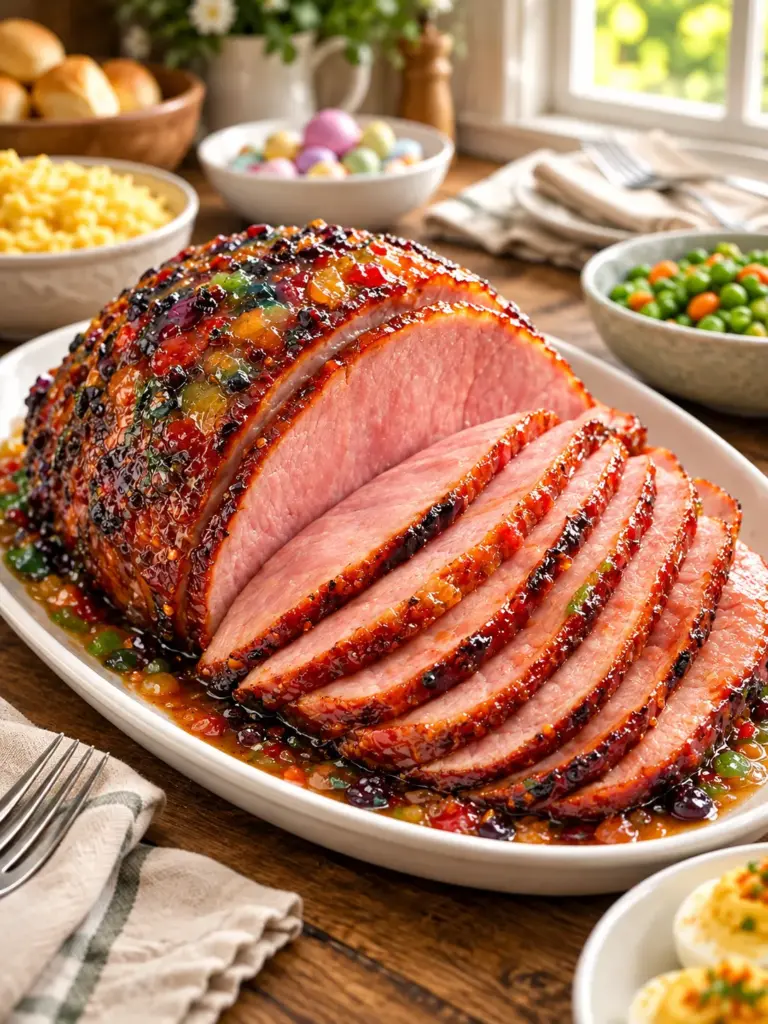Easter ham coated with a glossy jelly bean glaze in a roasting pan.