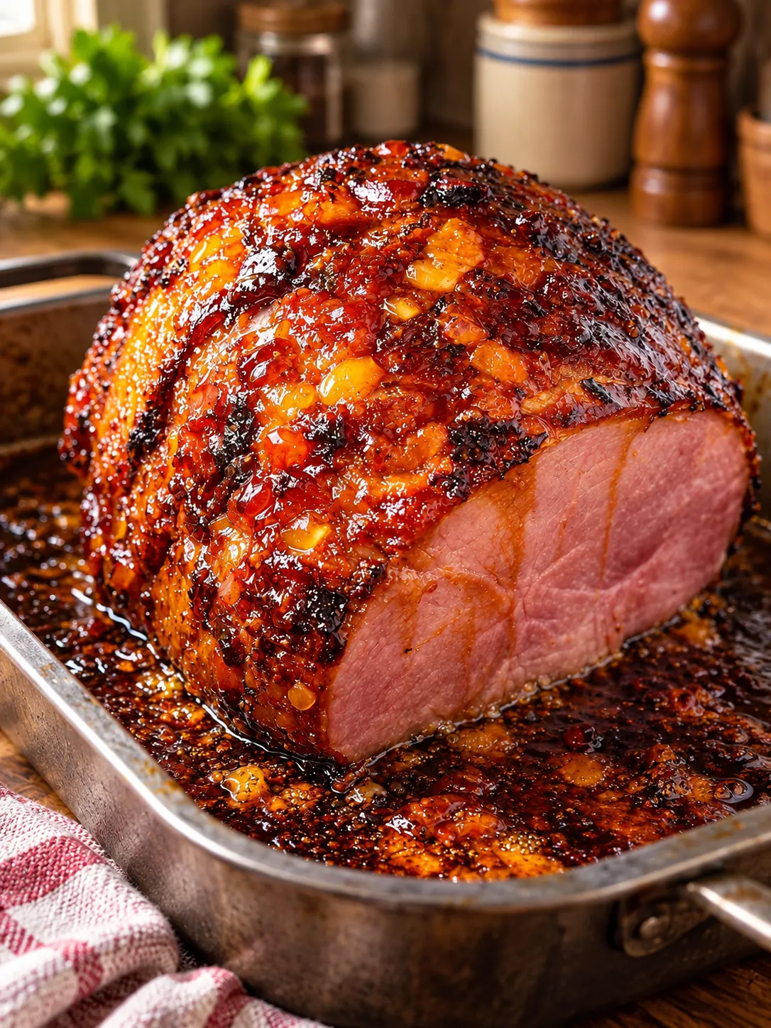 Easter ham coated with a glossy jelly bean glaze in a roasting pan.