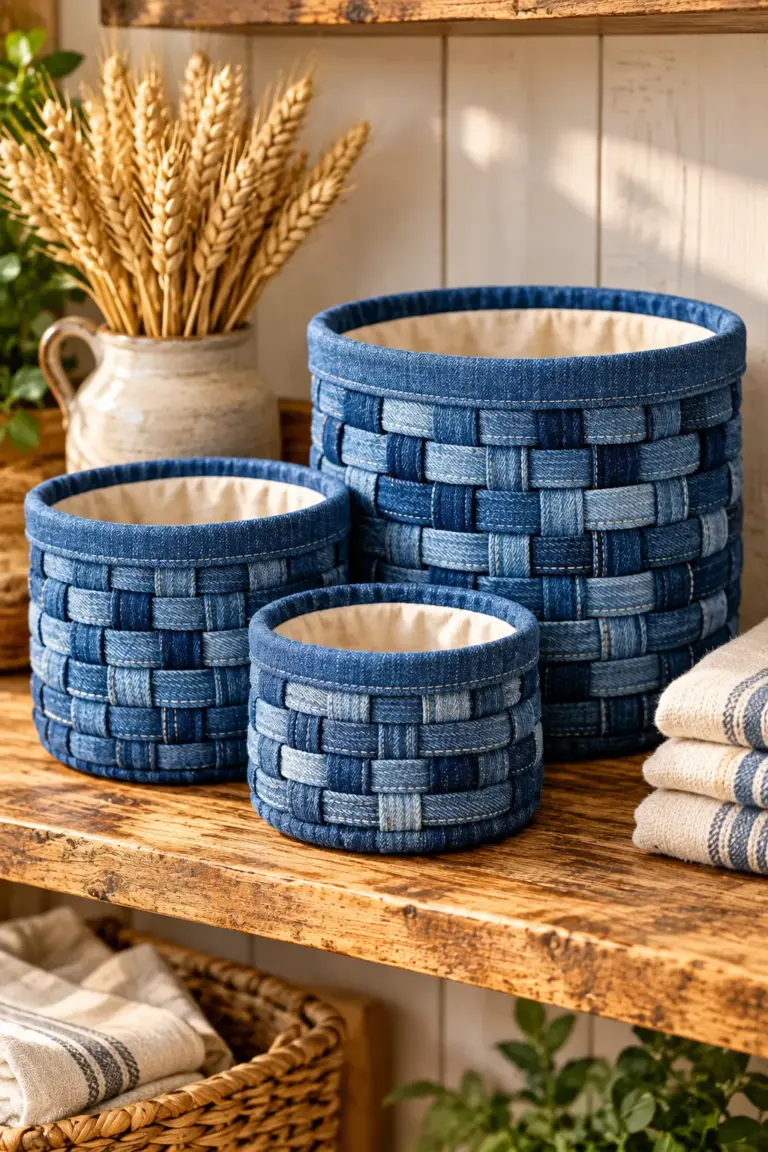 Old jeans cut into denim strips with sewing tools for DIY denim storage baskets