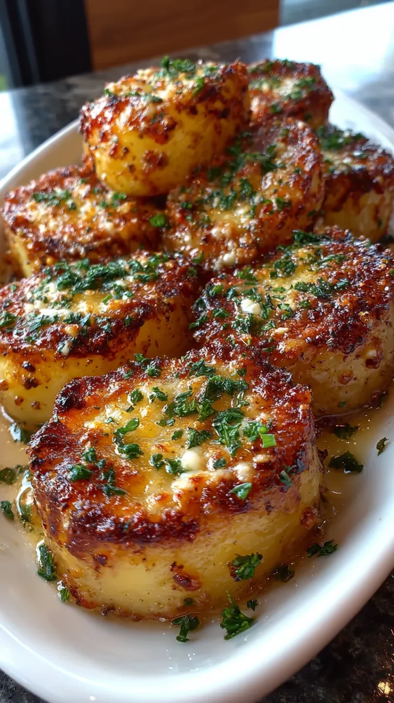 A vertical, close-up shot of a white oval platter piled high with thick-cut roasted potato rounds. Each potato has a deep golden-brown, crispy Parmesan cheese crust on top. The platter is drizzled with melted garlic butter and generously garnished with a spray of finely chopped fresh green parsley. The background is softly blurred, showing a modern kitchen setting.
