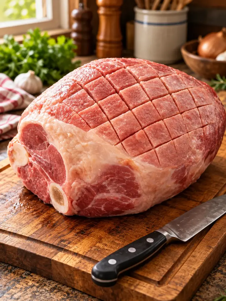 Easter ham coated with a glossy jelly bean glaze in a roasting pan.