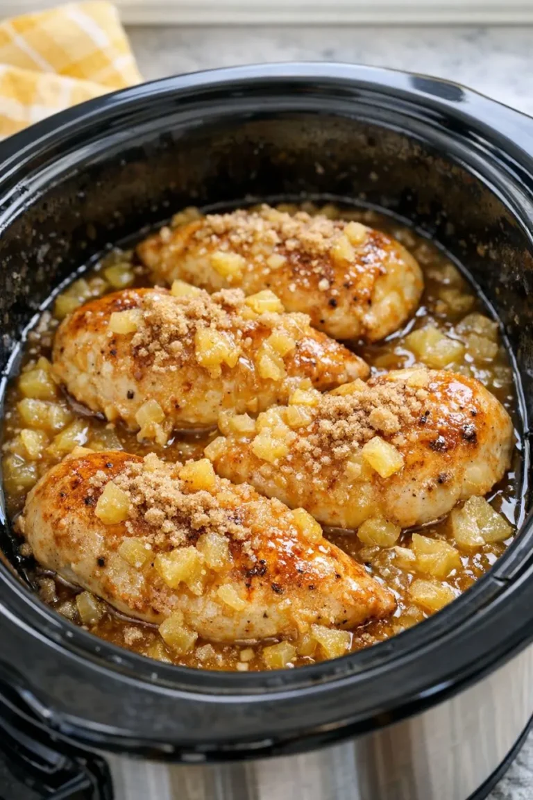Slow Cooker 3-Ingredient Amish Pineapple Chicken with pineapple chunks and brown sugar sauce in a crockpot.