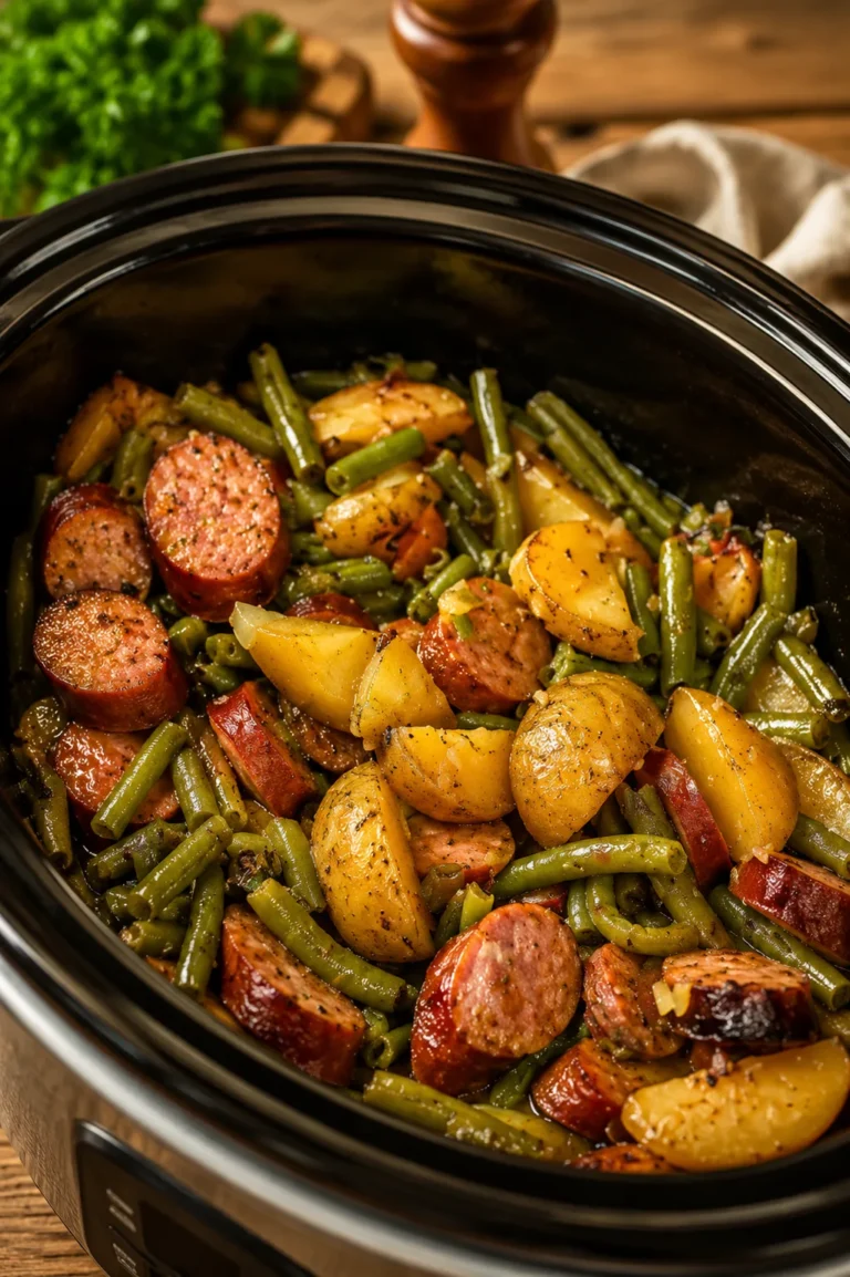 Slow Cooker Sausage Green Beans and Potatoes with Smoked Sausage in Crockpot