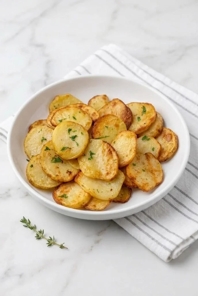 Delicious air fryer crispy potato slices, perfectly golden and crunchy.