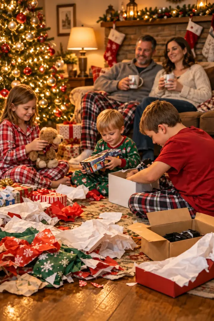 Christmas presents and wrapping supplies scattered across a bedroom floor