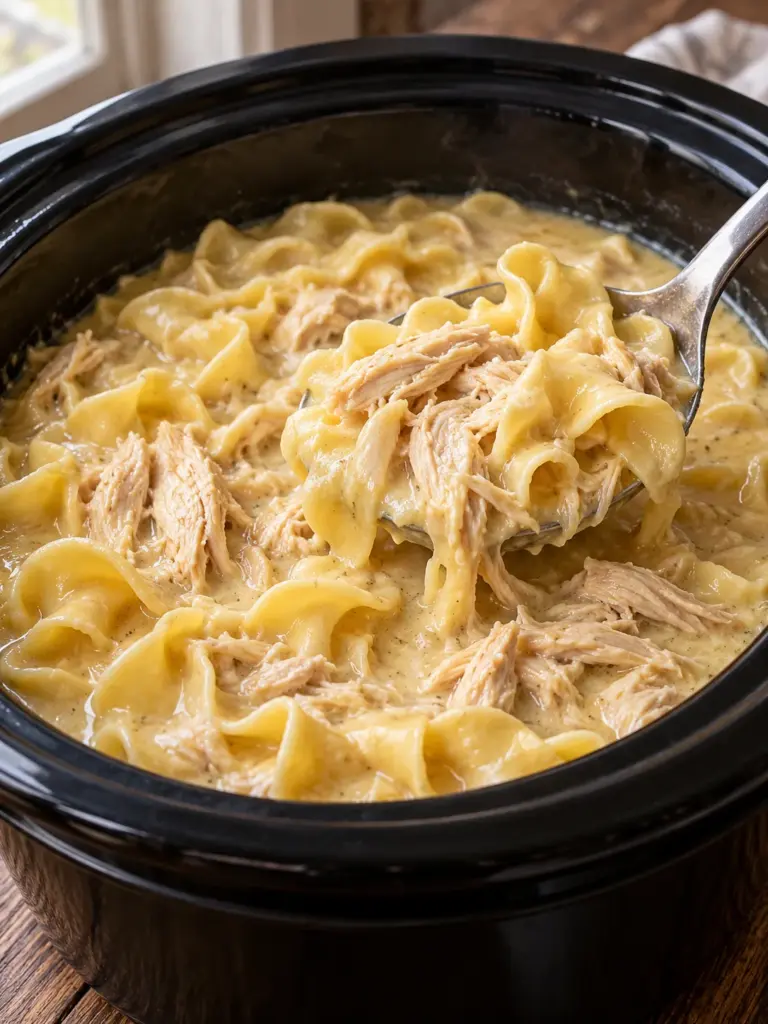 Creamy Amish chicken and egg noodles in a black slow cooker
