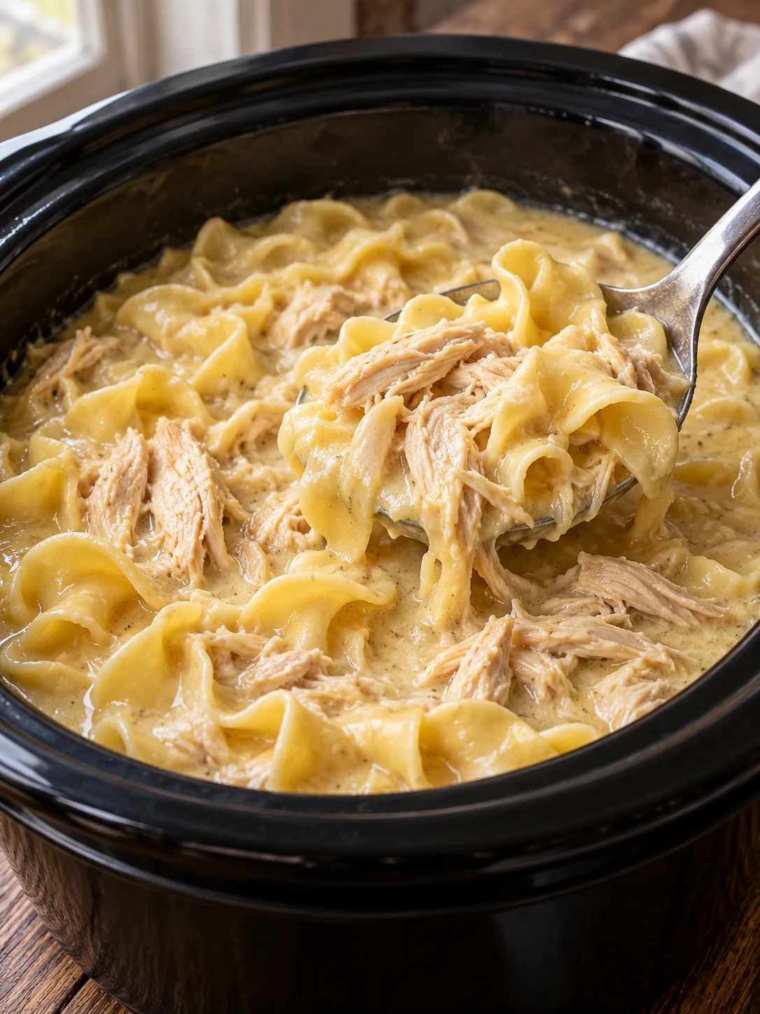 Creamy Amish chicken and egg noodles in a black slow cooker