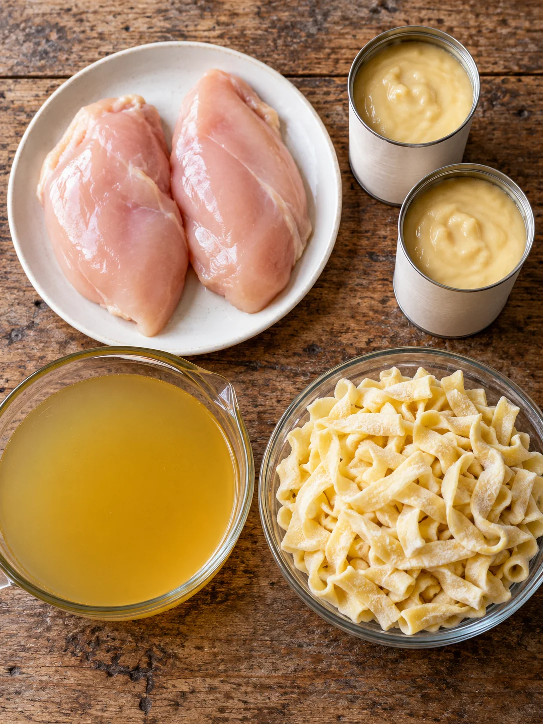 Chicken breasts, condensed cream of chicken soup, chicken broth, and frozen egg noodles