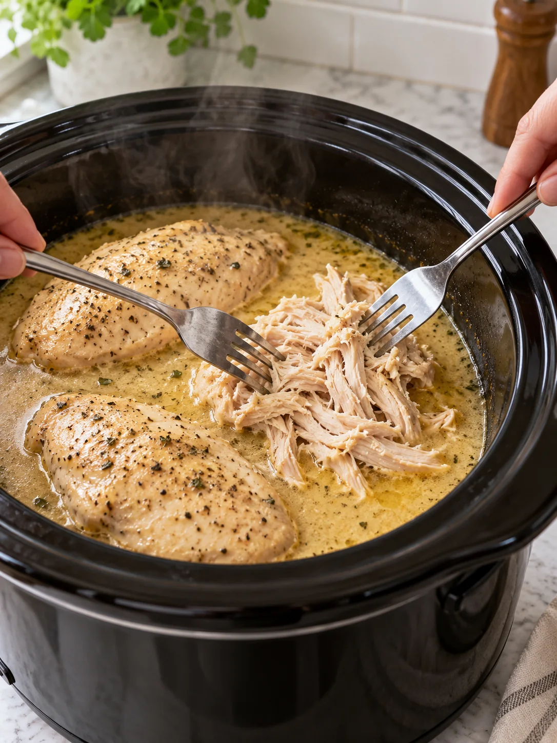 Tender cooked chicken being shredded with two forks