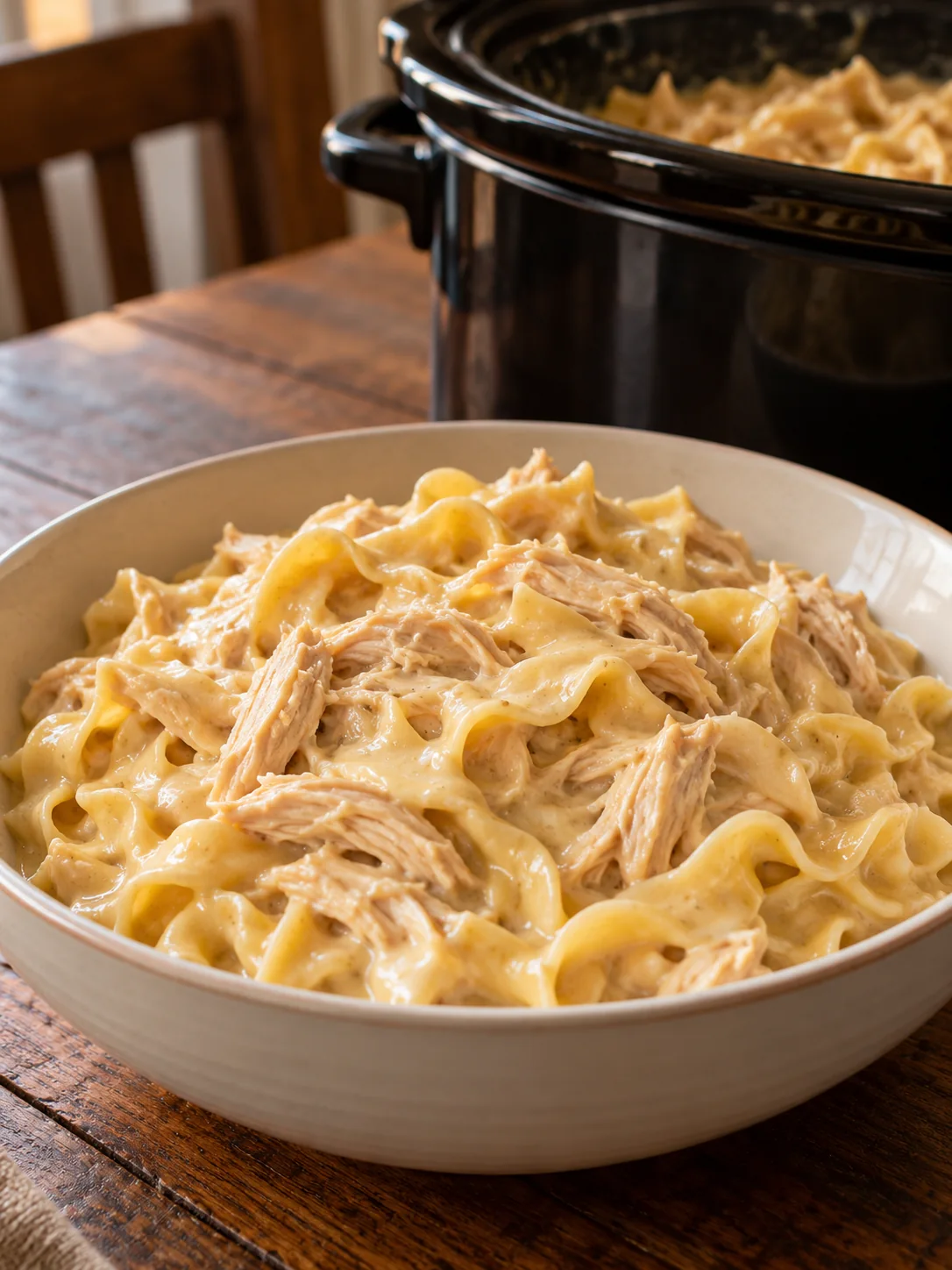 A bowl of creamy slow cooker chicken and noodles ready to serve