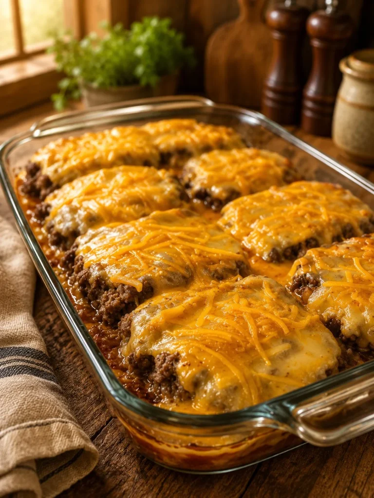 Amish Hamburger Steak Bake served with rich gravy and vegetables