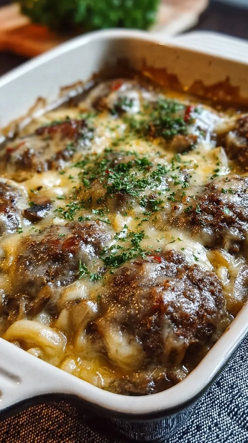 Amish Hamburger Steak Bake in a baking dish with creamy gravy and onions
