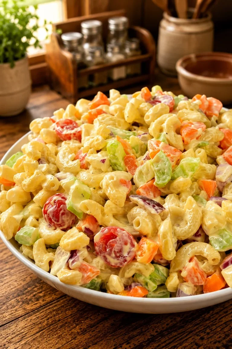 A serving of traditional Amish Macaroni Salad on a plate, showcasing creamy textures.